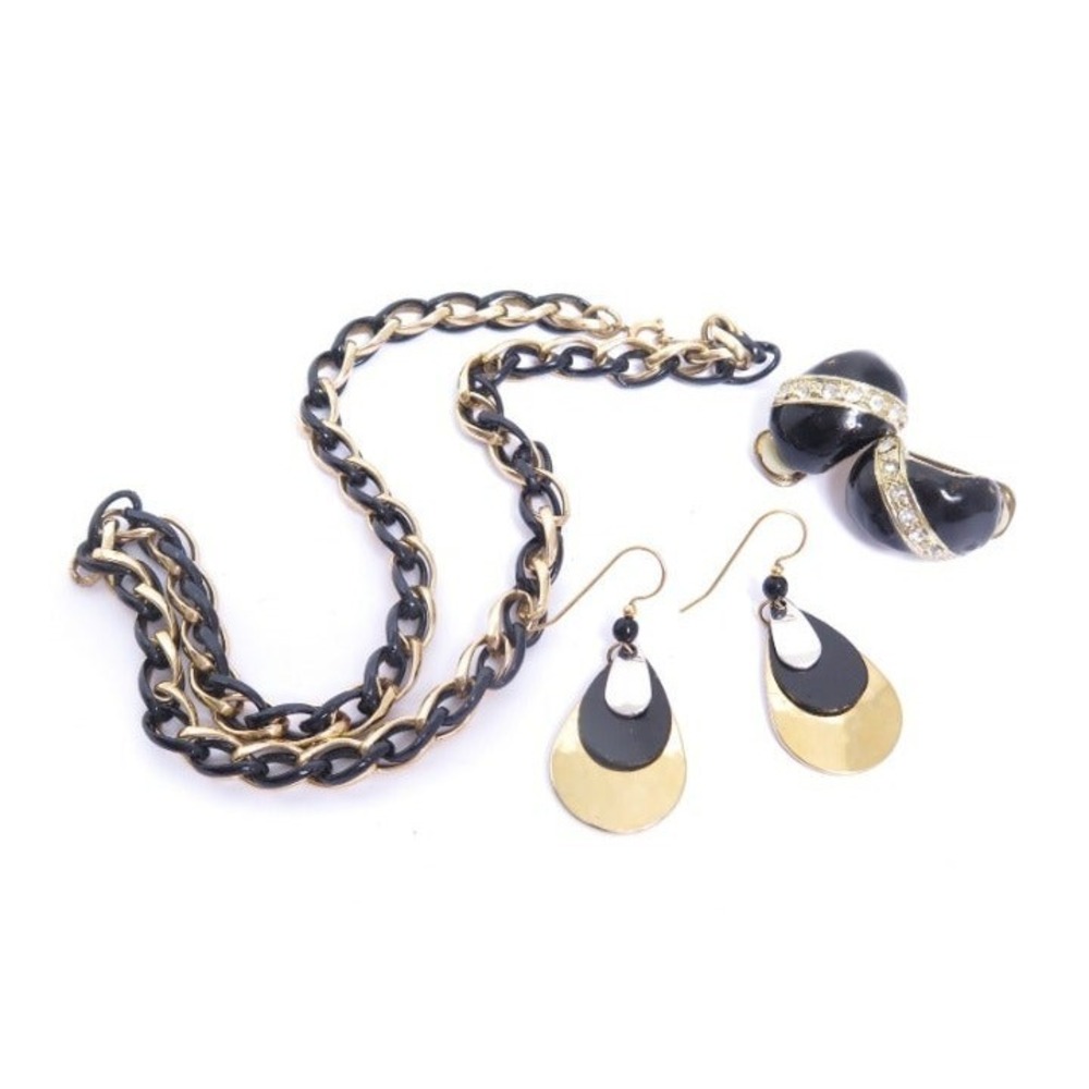 Vintage Gold & Black Chain Link Necklace and Earrings‎ Jewelry Lot